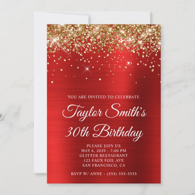 Gold Glitter Red Glam 30th Birthday Invitation (Front)