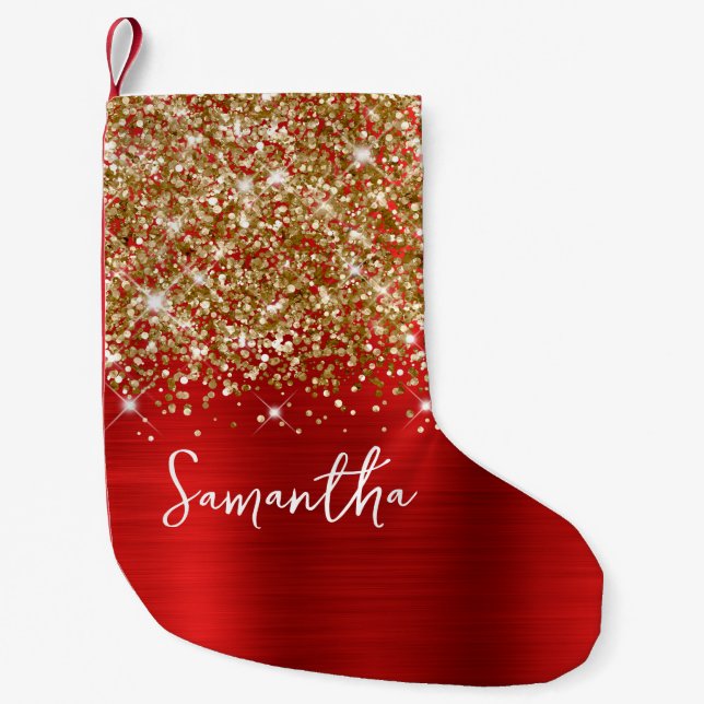 Gold Glitter Red Glam Name Small Christmas Stocking (Front)