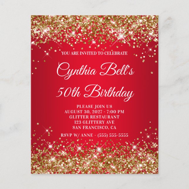Gold Glitter Red Gradient 50th Birthday Invite (Front)