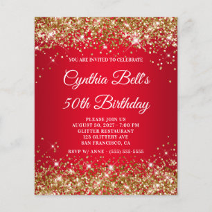Gold Glitter Red Gradient 50th Birthday Invite
