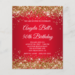 Gold Glitter Red Ombre 50th Birthday Invitation
