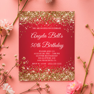 Gold Glitter Red Ombre 50th Birthday Invitation