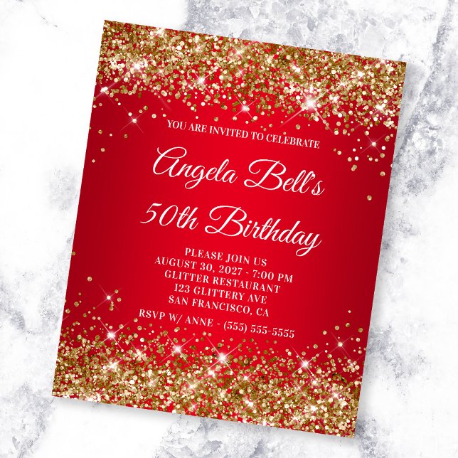 Gold Glitter Red Ombre 50th Birthday Invite Flyer (Creator Uploaded)