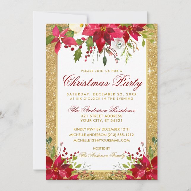 Gold Glitter Red Poinsettia Floral Christmas Party Invitation (Front)