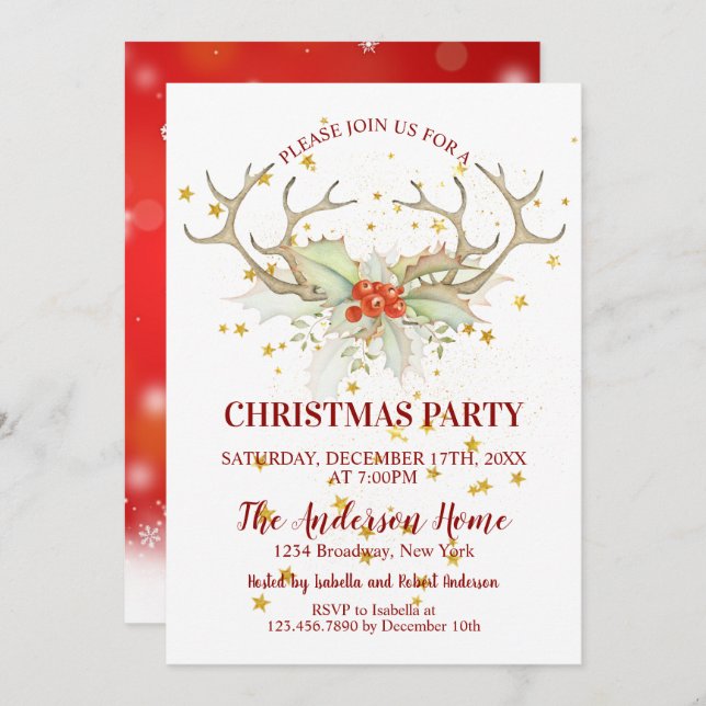 Gold Glitter Reindeer Christmas Dinner Invitation (Front/Back)