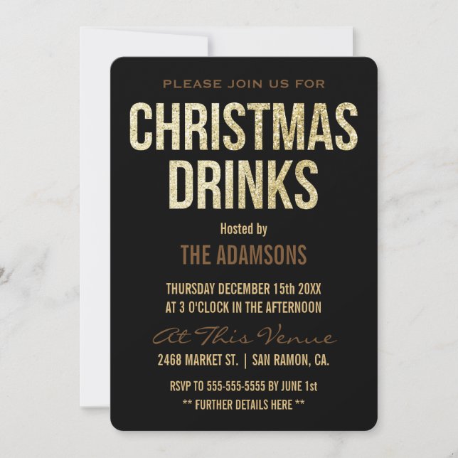 Gold Glitter Reindeer Christmas Drinks Invitation (Front)