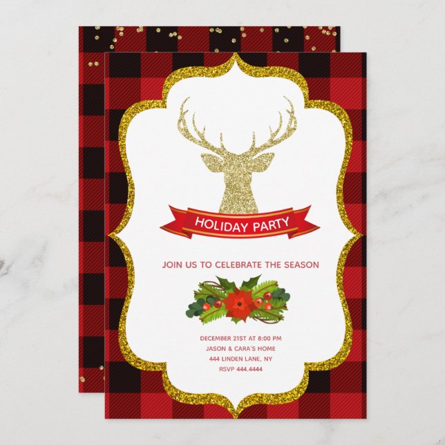 Gold Glitter Reindeer Christmas Holiday Invitation (Front/Back)