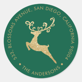 Gold Glitter Reindeer Green Return Address Holiday Classic Round Sticker