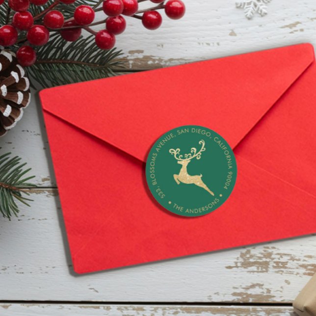Gold Glitter Reindeer Green Return Address Holiday Classic Round Sticker (Creator Uploaded)