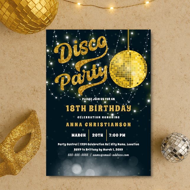 Gold Glitter Retro 70s Disco Ball Birthday Invitation (Gold Glitter 70s Retro Disco Ball party invitation)