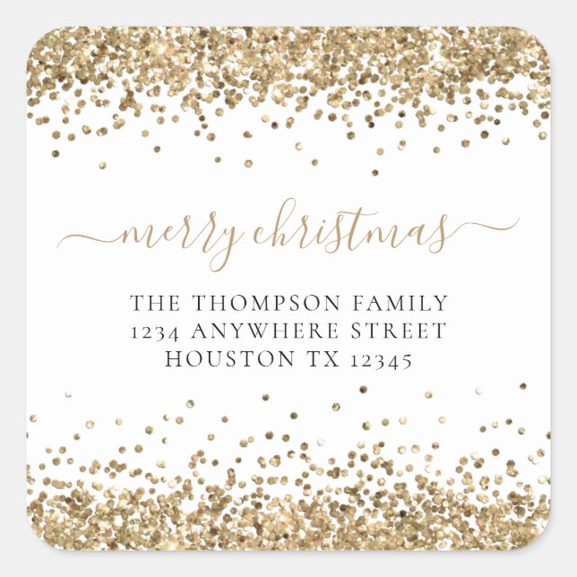 Gold Glitter Return Name Address Merry Christmas  Square Sticker (Front)