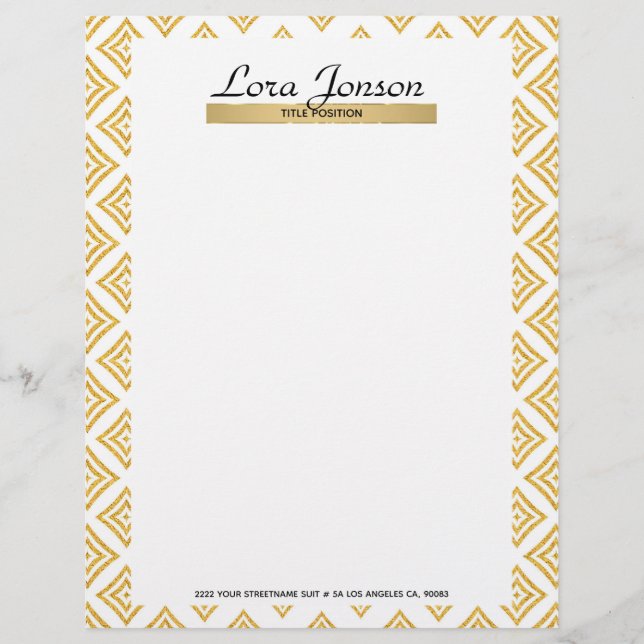 Gold Glitter Rhomboid Over White Background Custom Letterhead (Front)