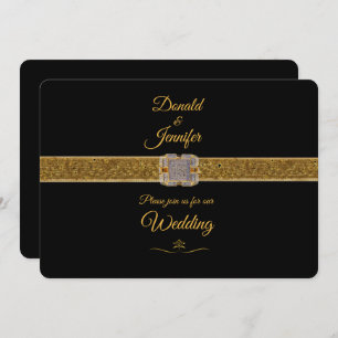Gold Glitter Ribbon & Diamond Brooch/Black Wedding Invitation