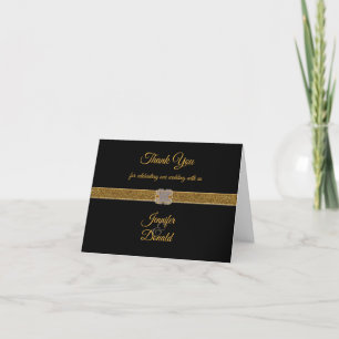 Gold Glitter Ribbon Diamond Brooch & Black Wedding Thank You Card