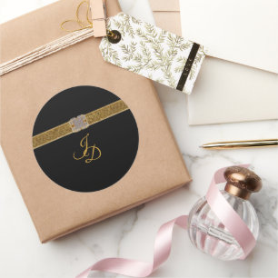 Gold Glitter Ribbon Diamond Brooch Monogram Classic Round Sticker