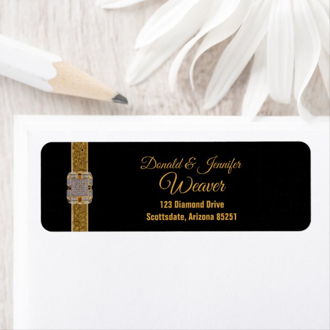 Gold Glitter Ribbon Diamond Brooch Return Address Label (Insitu)