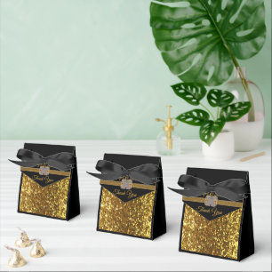 Gold Glitter Ribbon Diamond Brooch Wedding Favour Box