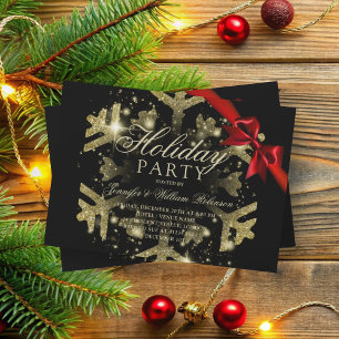 Gold Glitter & Ribbon   Xmas Holiday Black  Invitation