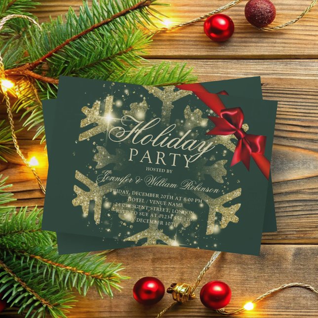 Gold Glitter & Ribbon | Xmas Holiday Green Invitation (Gold Glitter & Ribbon | Xmas Holiday Green Invitation)