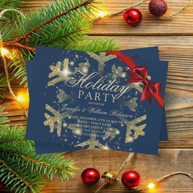 Gold Glitter & Ribbon | Xmas Holiday Navy  Invitation (Gold Glitter & Ribbon | Xmas Holiday Navy Invitation)