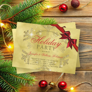 Gold Glitter & Ribbon   Xmas Holiday Red Invitation
