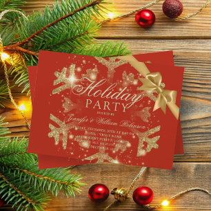 Gold Glitter & Ribbon   Xmas Holiday Red Invitation