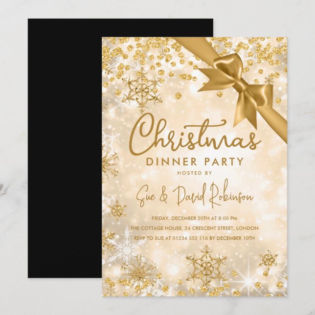 Gold Glitter Ribbon Xmas Winter Holiday Invitation (Front/Back)