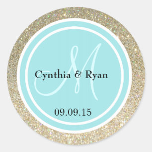 Gold Glitter & Robin Egg Blue Wedding Monogram Classic Round Sticker