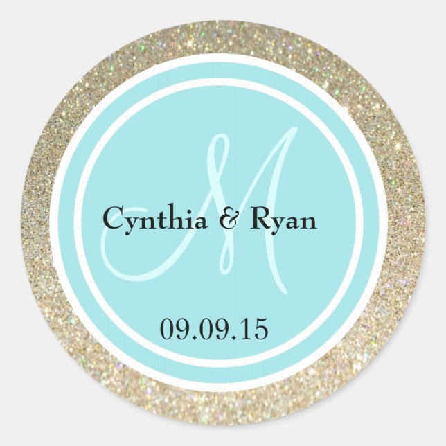 Gold Glitter & Robin Egg Blue Wedding Monogram Classic Round Sticker (Front)