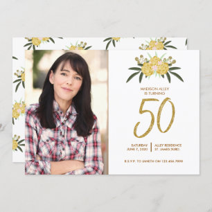 Gold Glitter Rose & Botanical Leaves 50th Birthday Invitation