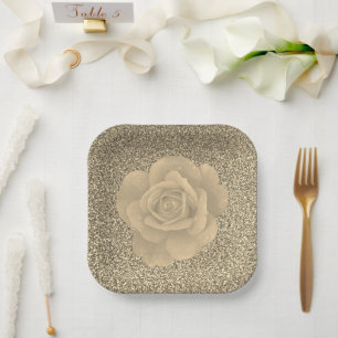 Gold Glitter Rose Floral Bridal Shower Wedding Paper Plate