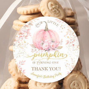 Gold Glitter Rose Floral Girl Pumpkin 1st Birthday Classic Round Sticker