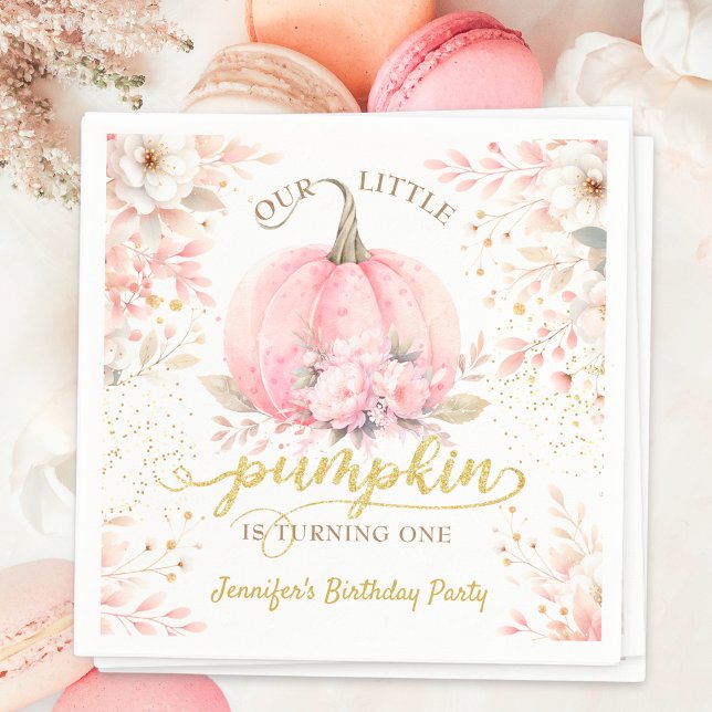 Gold Glitter Rose Floral Girl Pumpkin 1st Birthday Napkin (Creator Uploaded)