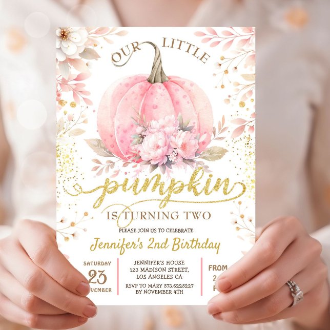 Gold Glitter Rose Floral Girl Pumpkin 2nd Birthday Invitation (Creator Uploaded)