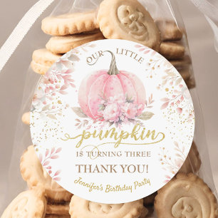Gold Glitter Rose Floral Girl Pumpkin 3rd Birthday Classic Round Sticker