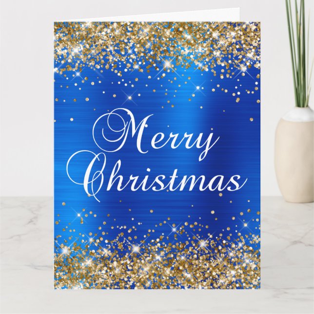 Gold Glitter Royal Blue Foil Big Merry Christmas Card (Front)