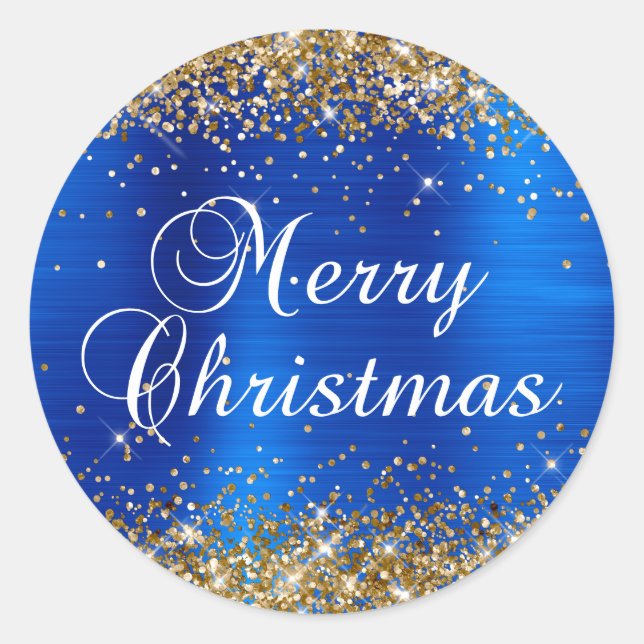 Gold Glitter Royal Blue Foil Merry Christmas Classic Round Sticker (Front)