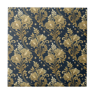 Gold Glitter Royal Palace Floral Damask Pattern Ceramic Tile