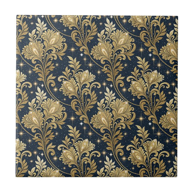 Gold Glitter Royal Palace Floral Damask Pattern Ceramic Tile (Front)