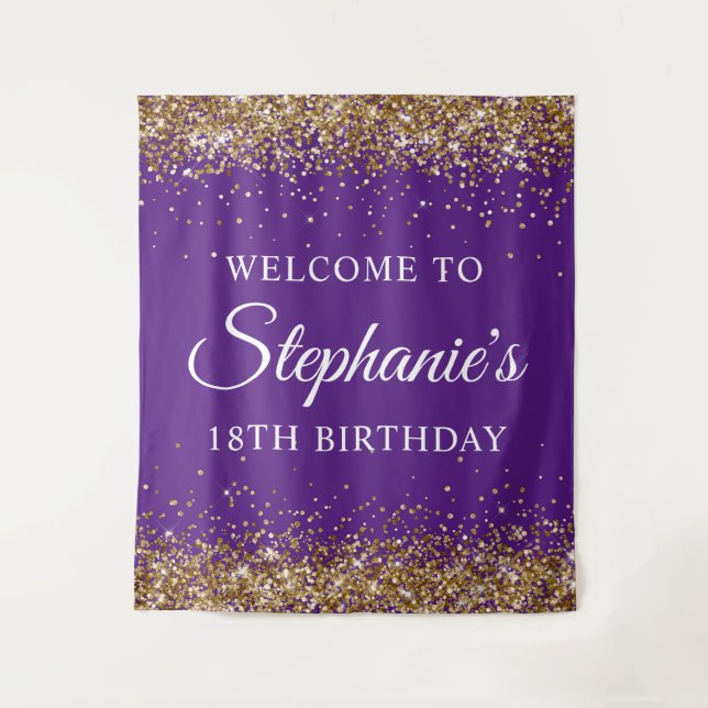 Gold Glitter Royal Purple 18th Birthday Welcome Tapestry (Front)