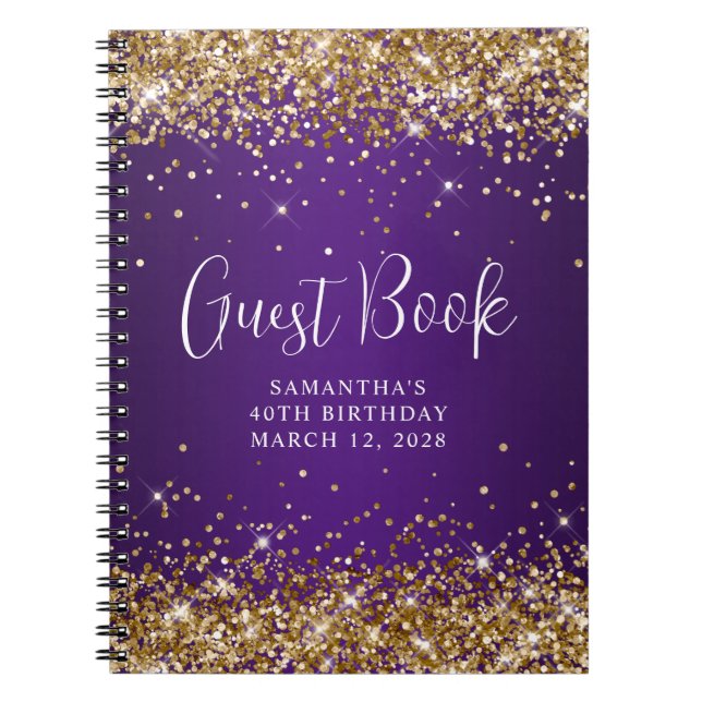 Gold Glitter Royal Purple 40th Birthday Guest Notebook (Front)