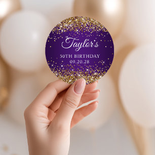 Gold Glitter Royal Purple 50th Birthday Classic Round Sticker
