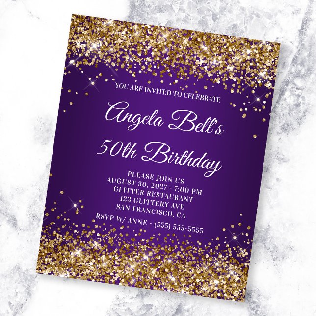 Gold Glitter Royal Purple 50th Birthday Invitation (Creator Uploaded)
