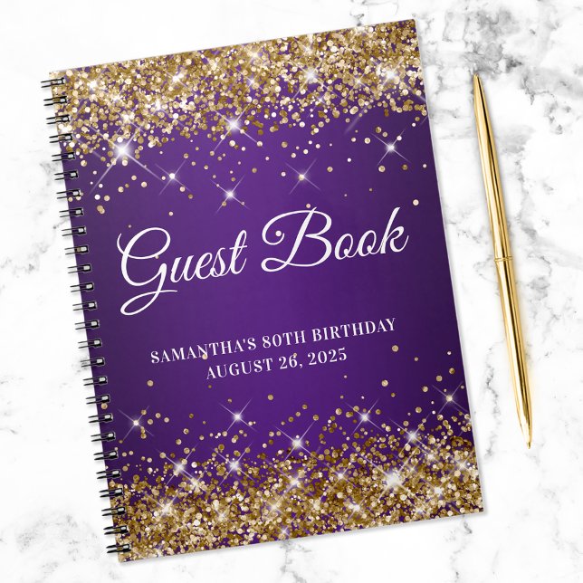 Gold Glitter Royal Purple 80th Birthday Guestbook Notebook (Creator Uploaded)