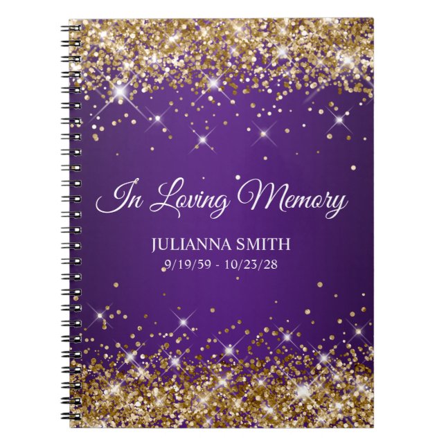 Gold Glitter Royal Purple Memorial Guestbook Notebook (Front)