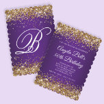 Gold Glitter Royal Purple Monogram 50th Birthday Invitation<br><div class="desc">An elegant monogrammed 50th birthday 5x7 invitation for her. Faux shiny gold glitter with sparkles against a royal purple ombre graphic image. The white classic fancy calligraphy of the monogram can be customised. All the shiny elements in this modern girly design are digital graphics. Great for a Mardi Gras or...</div>