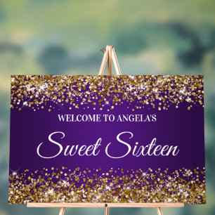 Gold Glitter Royal Purple Sweet Sixteen Acrylic Sign