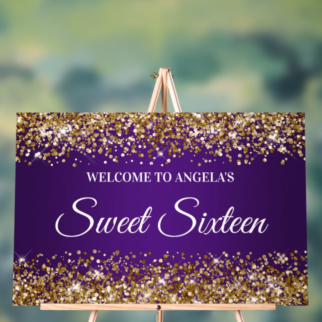 Gold Glitter Royal Purple Sweet Sixteen Acrylic Sign (Neutral)
