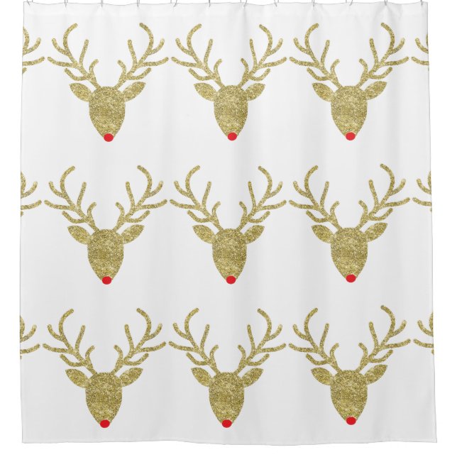 Gold Glitter Rudolph Reindeer Shower Curtain (Front)