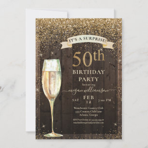 Gold Glitter Rustic Wood Surprise 50th Birthday Invitation